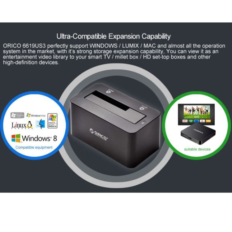 ORICO 6619US3 Estación de acoplamiento de disco duro USB 3.0 a SATA de supervelocidad de 5 Gbps para disco duro de 2,5 pulgadas/3,5 pulgadas, 6619US3