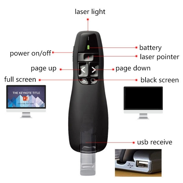 Presentador multimedia con puntero láser y receptor USB para proyector/PC/portátil, distancia de control: 15 m (R400)