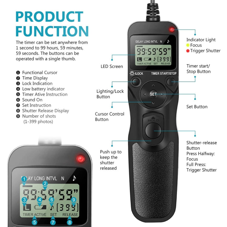 Aputure AP-TR3N Cable remoto del temporizador LCD para Nikon D5100,D3100, D7000, D5000, D90, AP-TR3N