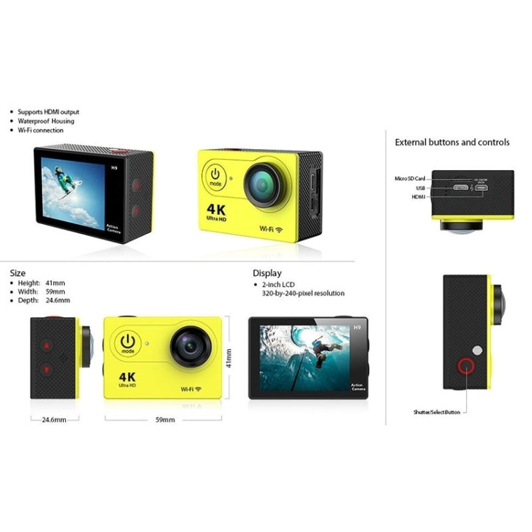 H9 4K Ultra HD1080P 12MP Cámara deportiva WiFi con pantalla LCD de 2 pulgadas, lente gran angular de 170 grados, resistente al agua hasta 30 m, H9 4K (Yellow), H9 4K (White), H9 4K (Silver), H9 4K (Blue), H9 4K (Gold), H9 4K (Pink), H9 4K (Black)