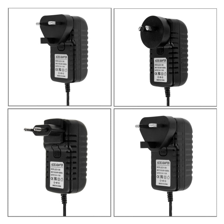 Enchufe europeo 4 en 1 + enchufe estadounidense + enchufe británico + enchufe australiano Adaptador de corriente CA 100-240 V a CC 12 V 3 A, puntas: 5,5 x 2,1 mm, longitud del cable: aproximadamente 1,2 m, EU+US+UK+AU Plug