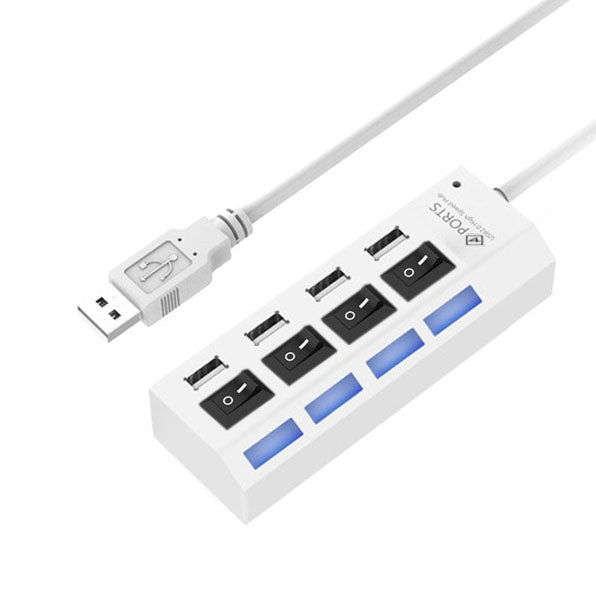 4 puertos USB Hub 2.0 USB Splitter alta velocidad 480Mbps con interruptor ON/OFF, 4 LED, 4 Ports (White)