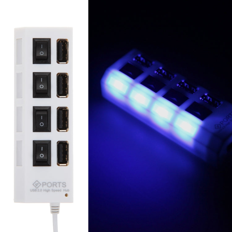 4 puertos USB Hub 2.0 USB Splitter alta velocidad 480Mbps con interruptor ON/OFF, 4 LED, 4 Ports (White)