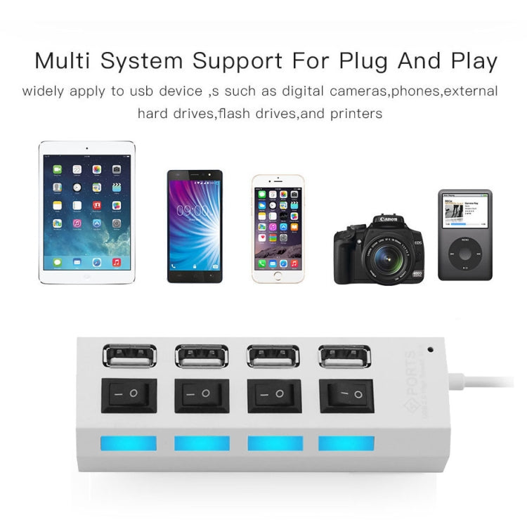 4 puertos USB Hub 2.0 USB Splitter alta velocidad 480Mbps con interruptor ON/OFF, 4 LED, 4 Ports (White)