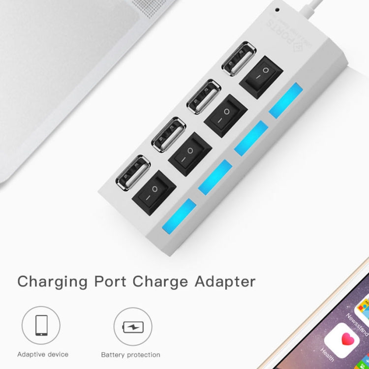 4 puertos USB Hub 2.0 USB Splitter alta velocidad 480Mbps con interruptor ON/OFF, 4 LED, 4 Ports (White)
