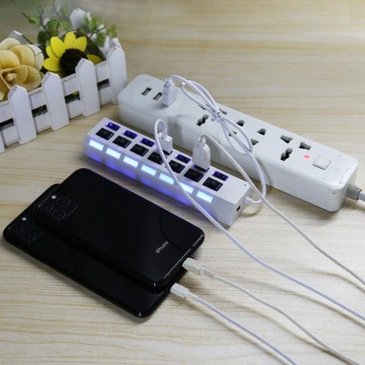 7 Puertos USB Hub 2.0 USB Splitter Alta Velocidad 480Mbps con Interruptor ON/OFF / 7 LEDs, 7 Ports (White), 7 Ports (Black)