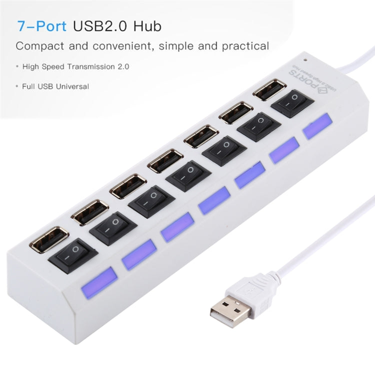 7 Puertos USB Hub 2.0 USB Splitter Alta Velocidad 480Mbps con Interruptor ON/OFF / 7 LEDs, 7 Ports (White), 7 Ports (Black)