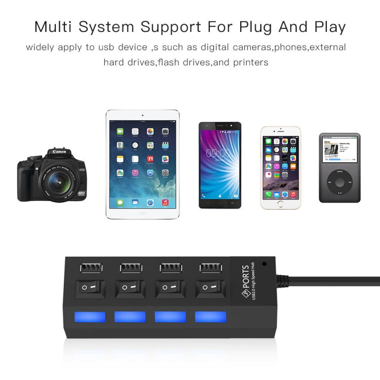 4 puertos USB Hub 2.0 USB Splitter alta velocidad 480Mbps con interruptor ON/OFF, 4 LED, 4 Ports with 4 LED (Black)