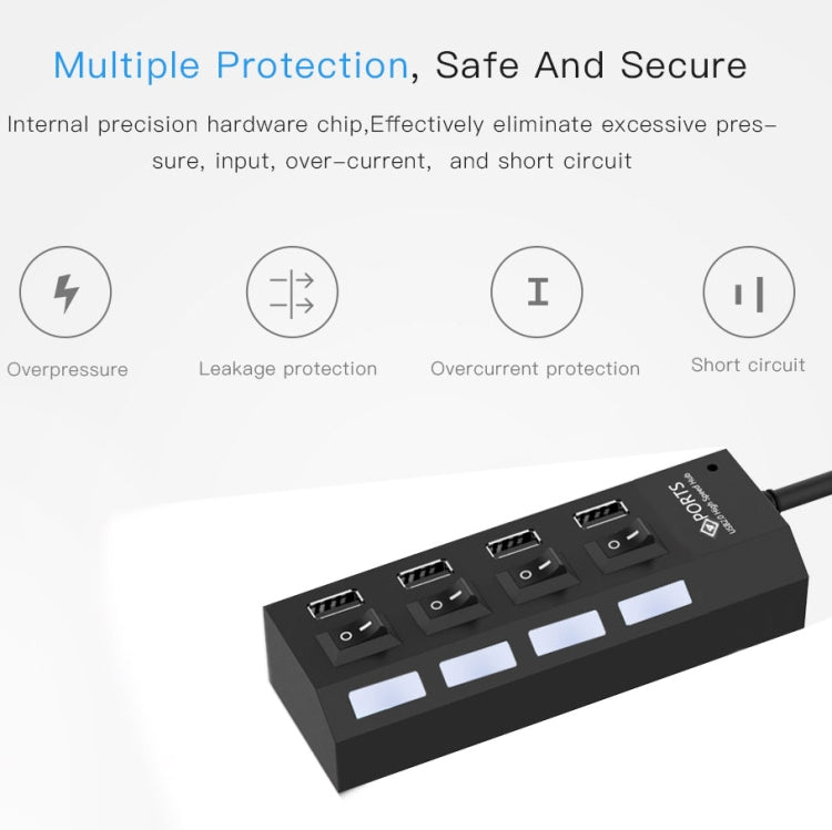 4 puertos USB Hub 2.0 USB Splitter alta velocidad 480Mbps con interruptor ON/OFF, 4 LED, 4 Ports with 4 LED (Black)