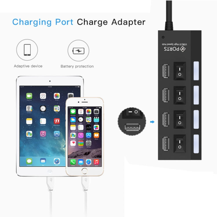 4 puertos USB Hub 2.0 USB Splitter alta velocidad 480Mbps con interruptor ON/OFF, 4 LED, 4 Ports with 4 LED (Black)