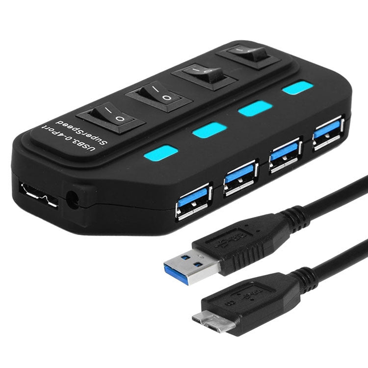 Hub USB 3.0 de 4 puertos con interruptores individuales para cada puerto de transferencia de datos