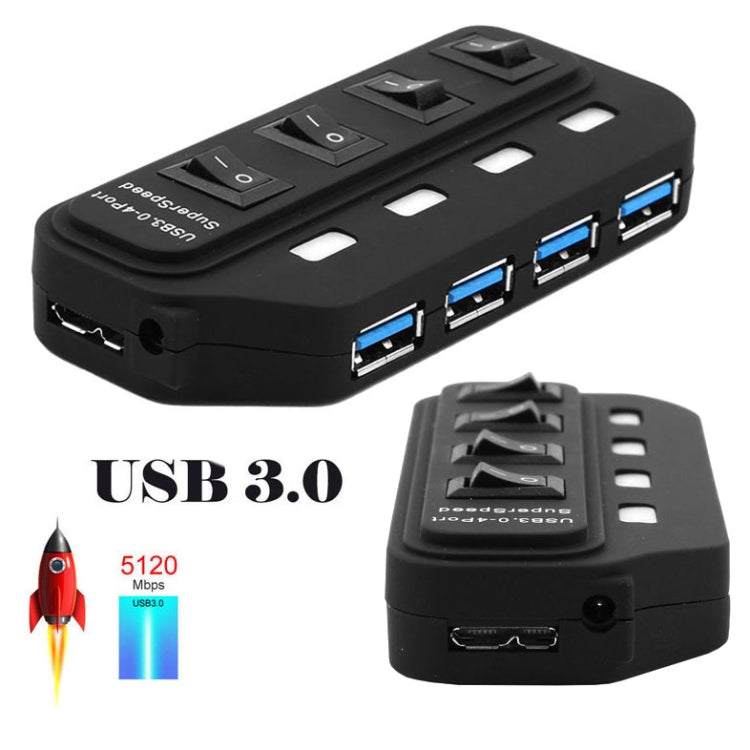 Hub USB 3.0 de 4 puertos con interruptores individuales para cada puerto de transferencia de datos