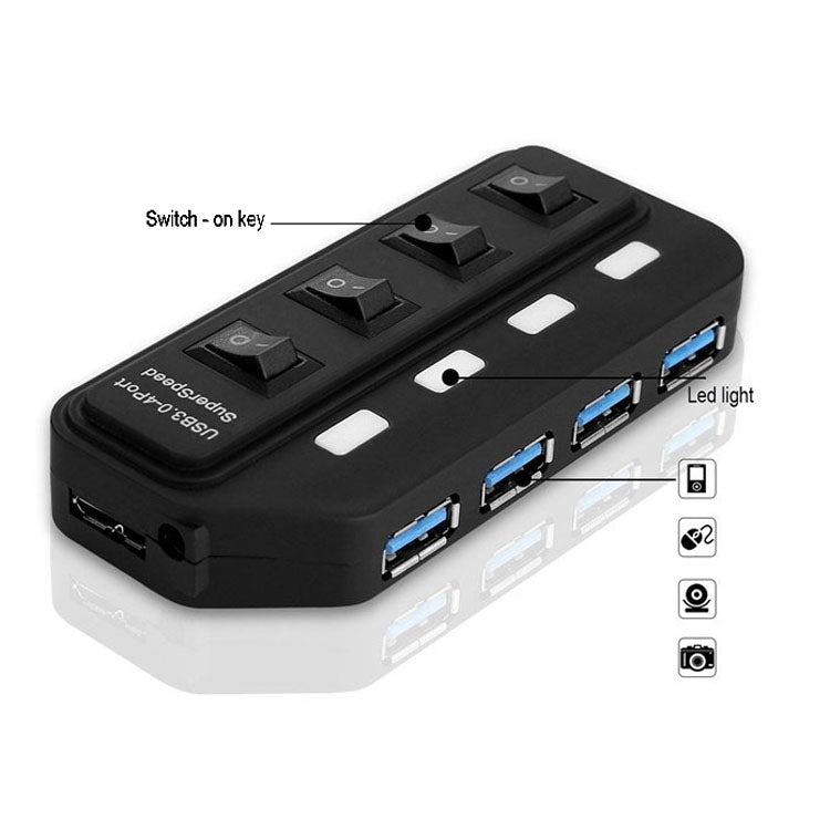 Hub USB 3.0 de 4 puertos con interruptores individuales para cada puerto de transferencia de datos