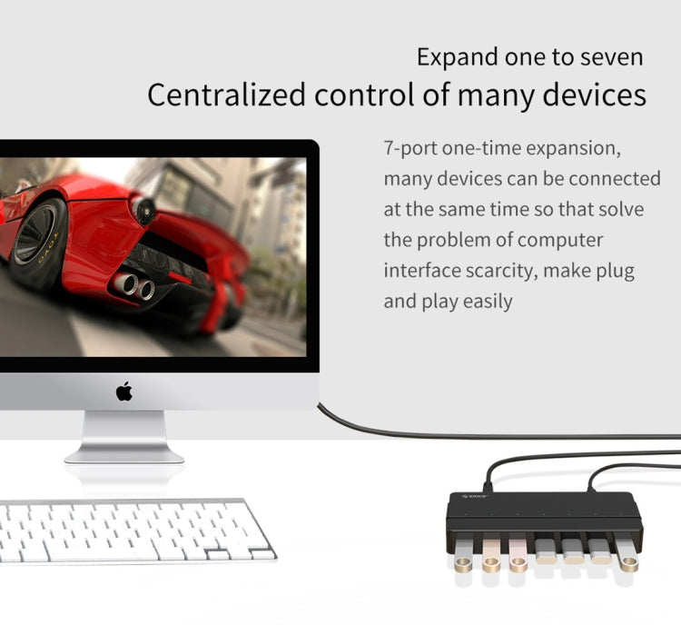 Orico H7928-U2-V1 HUB USB 2.0 de 7 puertos de escritorio con adaptador de corriente, USB 2.0