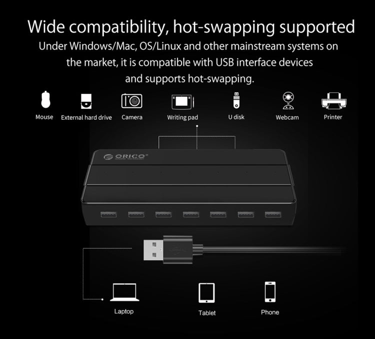 Orico H7928-U2-V1 HUB USB 2.0 de 7 puertos de escritorio con adaptador de corriente, USB 2.0
