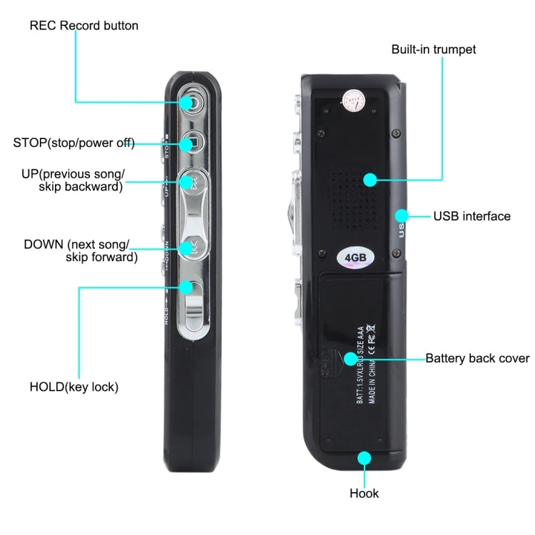 Grabadora de voz digital de 4 GB, reproductor MP3 dictáfono, soporte para grabación telefónica, función VOX (negro)