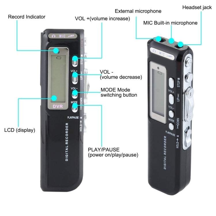 Grabadora de voz digital de 8 GB, reproductor MP3 dictáfono, soporte para grabación telefónica, función VOX, fuente de alimentación: 2 pilas AAA (negro)