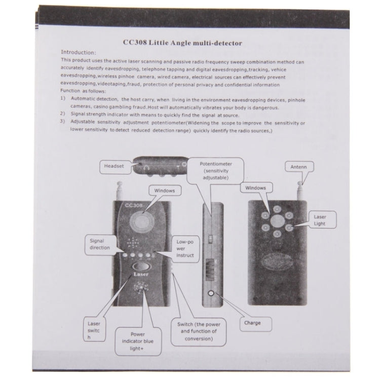 CC308+ Detector de lente de cámara inalámbrico múltiple Señal de onda de radio Detecta buscador de dispositivos RF GSM de rango completo, CC308+