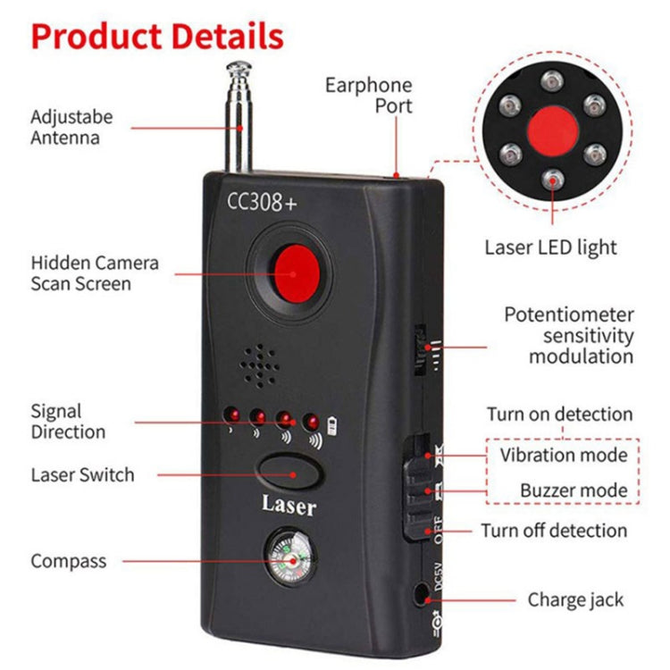 CC308+ Detector de lente de cámara inalámbrico múltiple Señal de onda de radio Detecta buscador de dispositivos RF GSM de rango completo, CC308+