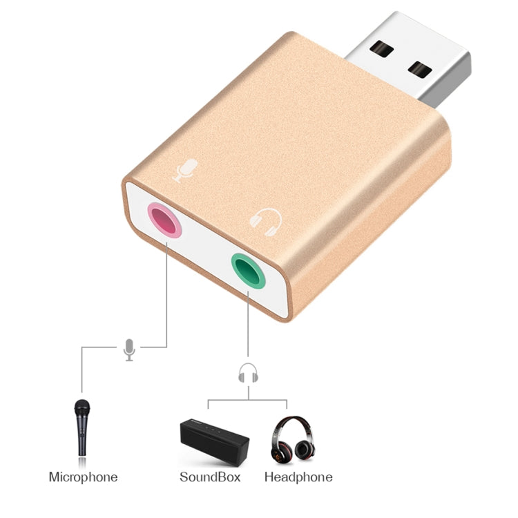 Carcasa de aluminio Conector de 3,5 mm Tarjeta de sonido USB externa HIFI Magic Voice Adaptador de 7.1 canales Unidad gratuita para computadora, escritorio, parlantes, auriculares, micrófono, Aluminum 7.1 Channel Gold