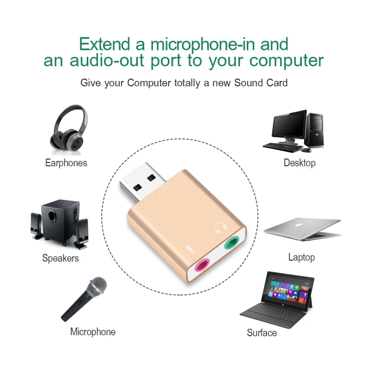 Carcasa de aluminio Conector de 3,5 mm Tarjeta de sonido USB externa HIFI Magic Voice Adaptador de 7.1 canales Unidad gratuita para computadora, escritorio, parlantes, auriculares, micrófono, Aluminum 7.1 Channel Gold