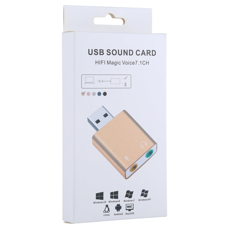 Carcasa de aluminio Conector de 3,5 mm Tarjeta de sonido USB externa HIFI Magic Voice Adaptador de 7.1 canales Unidad gratuita para computadora, escritorio, parlantes, auriculares, micrófono, Aluminum 7.1 Channel Gold