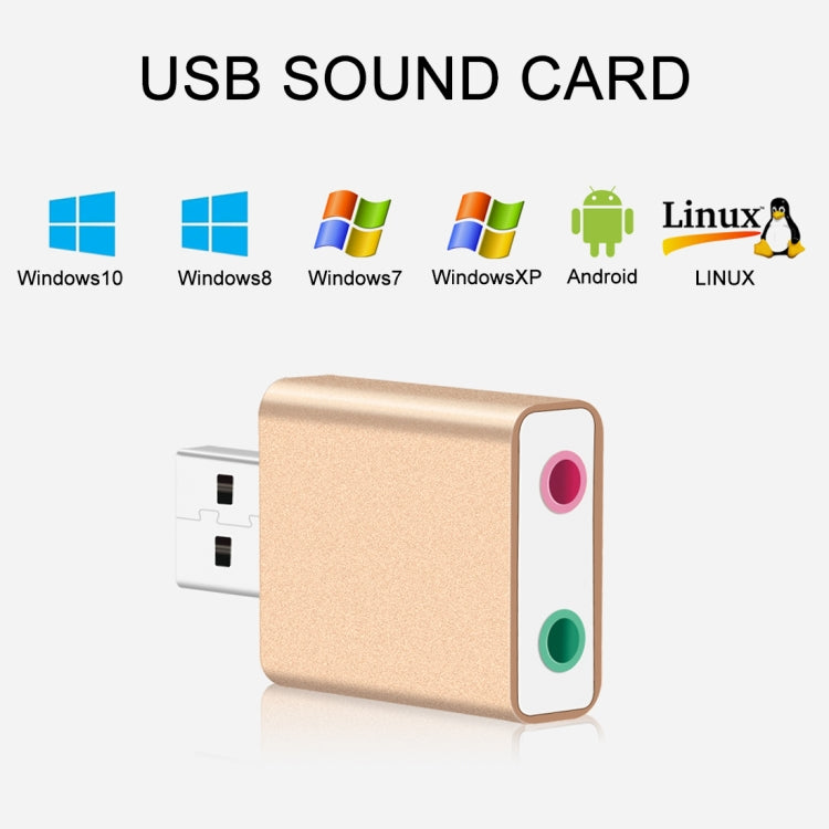 Carcasa de aluminio Conector de 3,5 mm Tarjeta de sonido USB externa HIFI Magic Voice Adaptador de 7.1 canales Unidad gratuita para computadora, escritorio, parlantes, auriculares, micrófono, Aluminum 7.1 Channel Gold