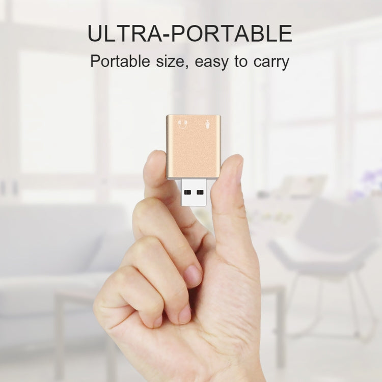 Carcasa de aluminio Conector de 3,5 mm Tarjeta de sonido USB externa HIFI Magic Voice Adaptador de 7.1 canales Unidad gratuita para computadora, escritorio, parlantes, auriculares, micrófono, Aluminum 7.1 Channel Gold