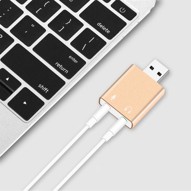 Carcasa de aluminio Conector de 3,5 mm Tarjeta de sonido USB externa HIFI Magic Voice Adaptador de 7.1 canales Unidad gratuita para computadora, escritorio, parlantes, auriculares, micrófono, Aluminum 7.1 Channel Gold