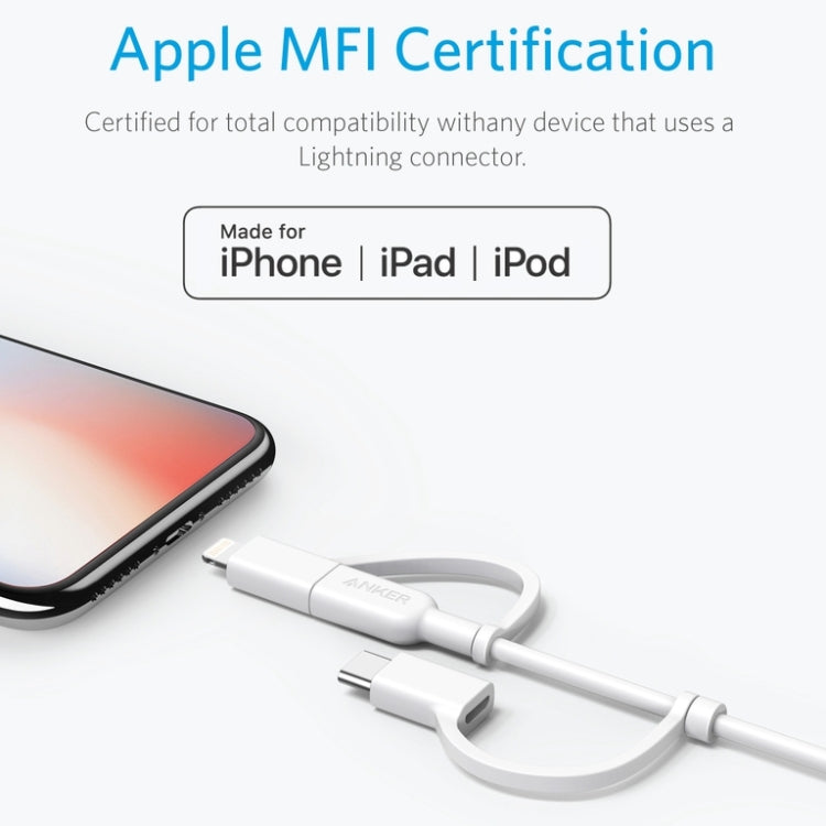 ANKER 3 en 1 8 pines + Micro USB + USB-C / Tipo-C Cable de datos certificado MFI