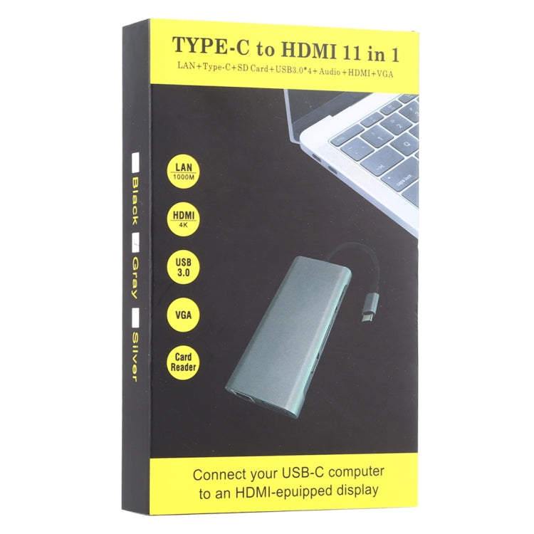 11 en 1 VGA + Puerto LAN + 4 x USB 3.0 + Tarjeta SD / TF + HDMI + Puerto de Audio + Adaptador USB-C / Type-C Hembra a USB-C / Type-C HUB, 11 Ports to Type-C