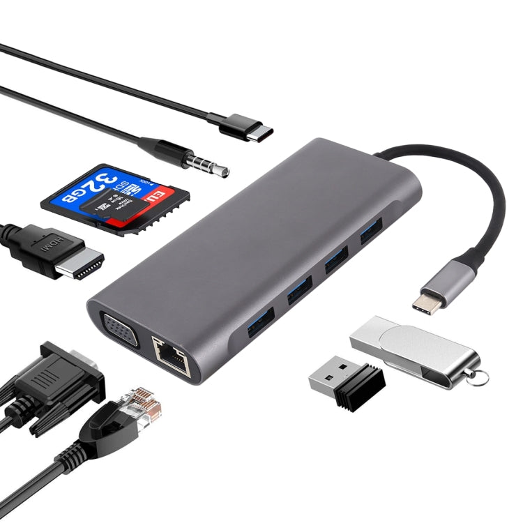 11 en 1 VGA + Puerto LAN + 4 x USB 3.0 + Tarjeta SD / TF + HDMI + Puerto de Audio + Adaptador USB-C / Type-C Hembra a USB-C / Type-C HUB, 11 Ports to Type-C