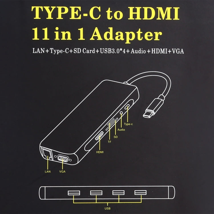 11 en 1 VGA + Puerto LAN + 4 x USB 3.0 + Tarjeta SD / TF + HDMI + Puerto de Audio + Adaptador USB-C / Type-C Hembra a USB-C / Type-C HUB, 11 Ports to Type-C