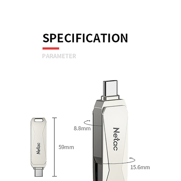 Netac U782C 128GB USB-C / Type-C + USB 3.0 Unidad flash de aleación de zinc con rotación de 360 grados OTG U Disk, 128GB