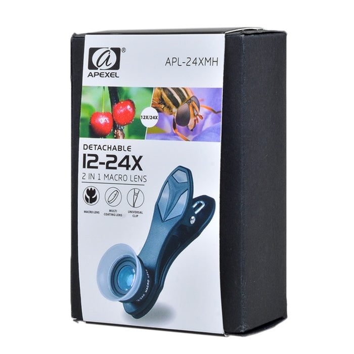 APEXEL APL-24X-H 2 en 1 Lente macro externa universal para teléfono móvil 12X y 24X con parasol