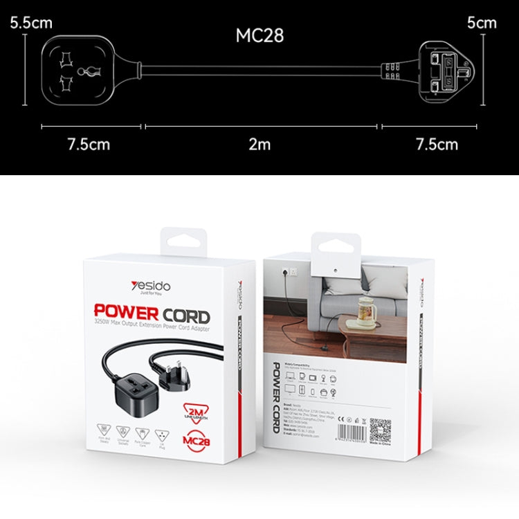 Yesido MC28 Cable de extensión de enchufe británico a enchufe de alimentación universal, longitud: 2 m, Length: 2m