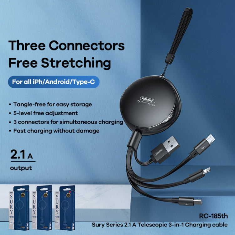 REMAX RC-185th 3 en 1 2.1A USB a 8 pines + USB-C / Type-C + Micro USB Sury Series Cable de datos de carga telescópico