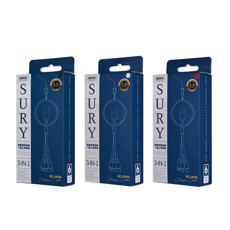 REMAX RC-185th 3 en 1 2.1A USB a 8 pines + USB-C / Type-C + Micro USB Sury Series Cable de datos de carga telescópico