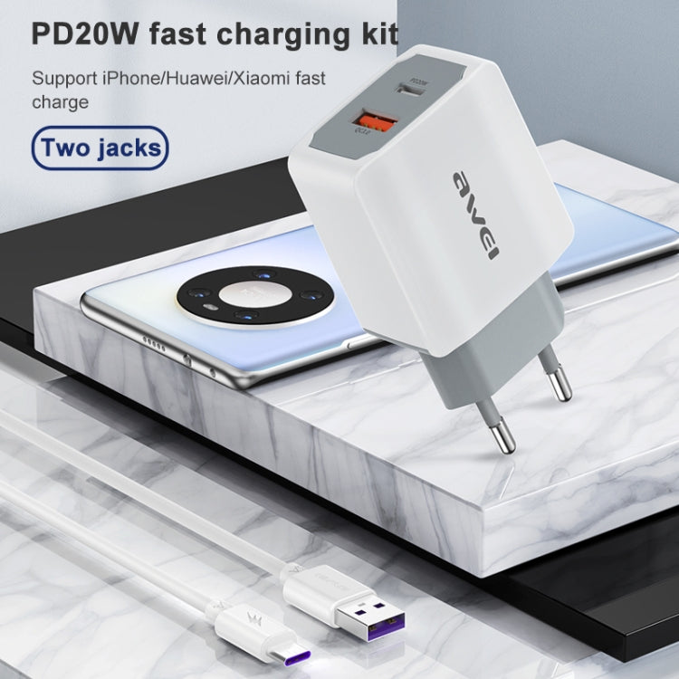 awei PD4 20W PD Type-C + QC 3.0 Interfaz USB Cargador de viaje de carga rápida con cable de datos, enchufe de la UE