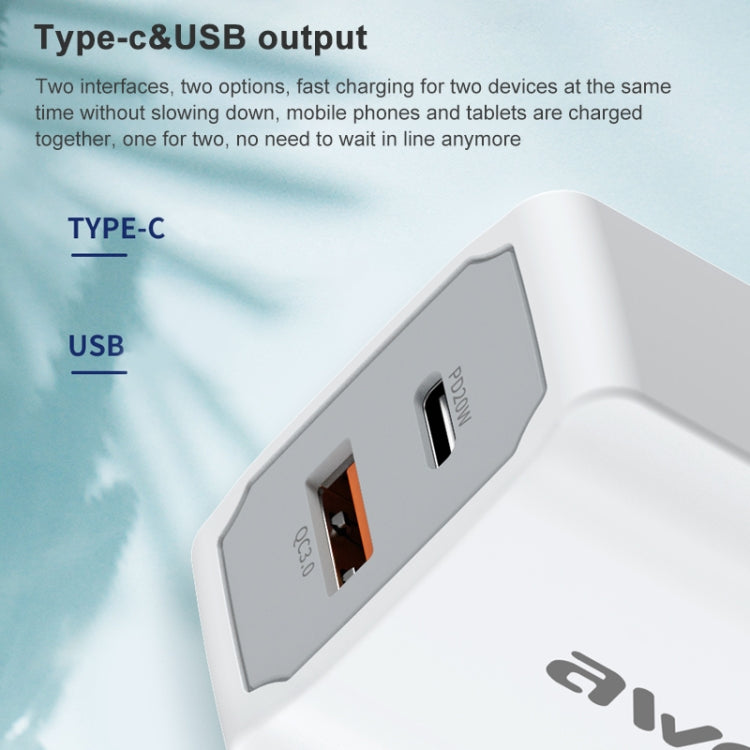 awei PD4 20W PD Type-C + QC 3.0 Interfaz USB Cargador de viaje de carga rápida con cable de datos, enchufe de la UE