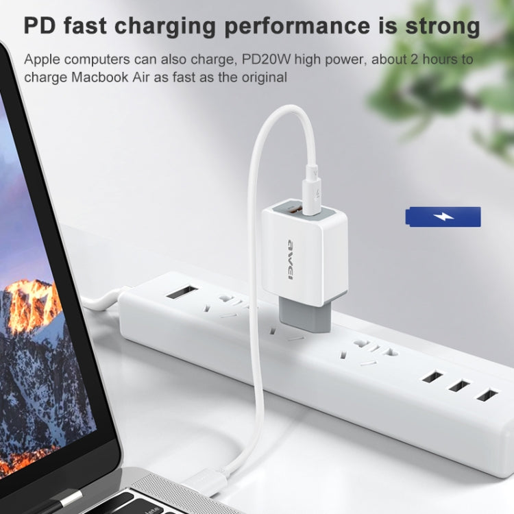 awei PD4 20W PD Type-C + QC 3.0 Interfaz USB Cargador de viaje de carga rápida con cable de datos, enchufe de la UE