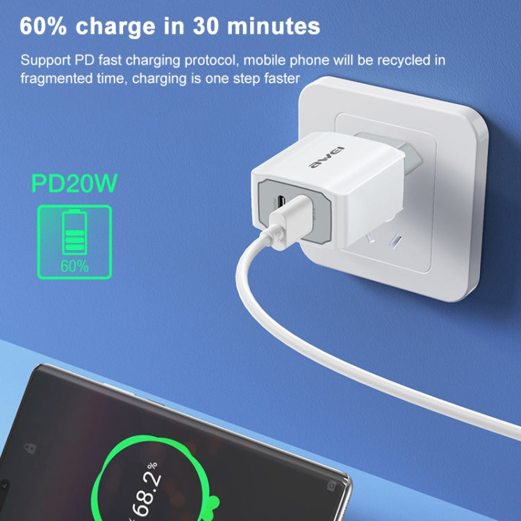awei PD4 20W PD Type-C + QC 3.0 Interfaz USB Cargador de viaje de carga rápida con cable de datos, enchufe de la UE