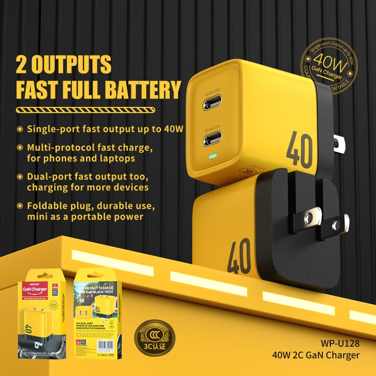 WK WP-U128 Cargador de nitruro de galio con interfaz dual USB-C/tipo-C de 40 W, especificaciones: enchufe de EE. UU., US Plug