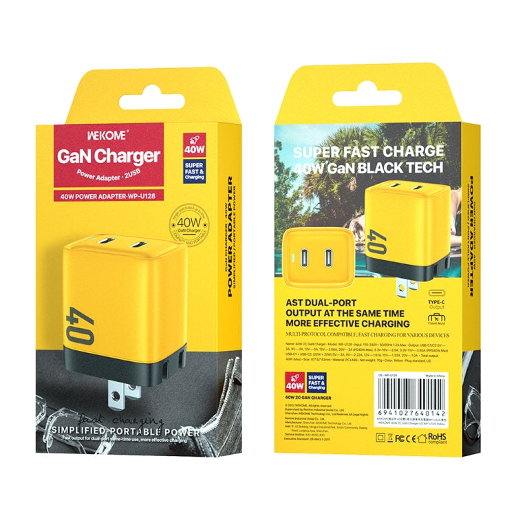 WK WP-U128 Cargador de nitruro de galio con interfaz dual USB-C/tipo-C de 40 W, especificaciones: enchufe de EE. UU., US Plug