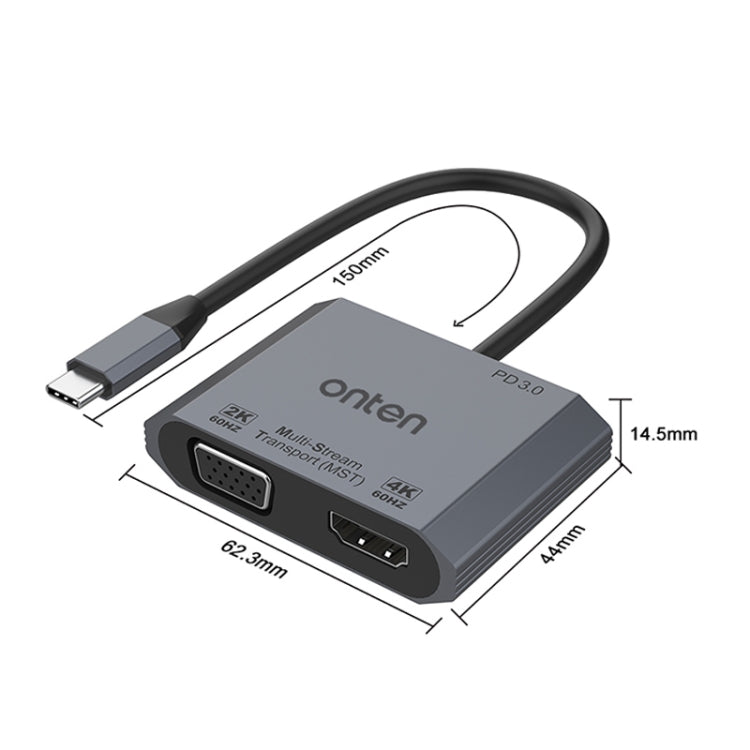Onten M205 3 en 1 Tipo-C a HDMI+VGA+PD Convertidor de vídeo de carga rápida, M205