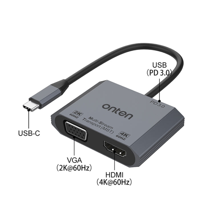 Onten M205 3 en 1 Tipo-C a HDMI+VGA+PD Convertidor de vídeo de carga rápida, M205