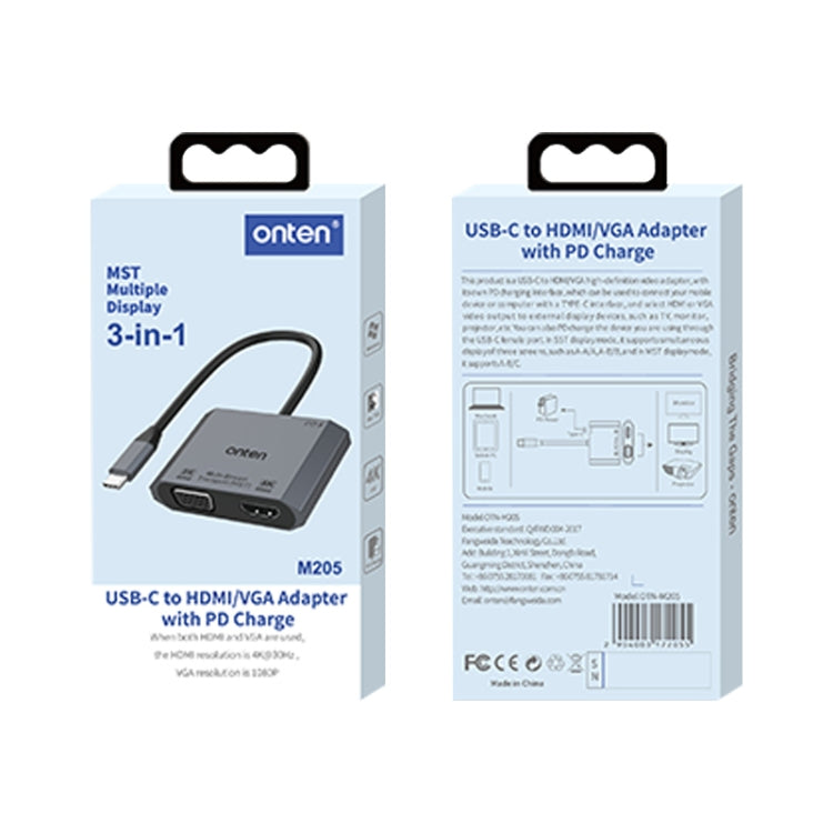 Onten M205 3 en 1 Tipo-C a HDMI+VGA+PD Convertidor de vídeo de carga rápida, M205