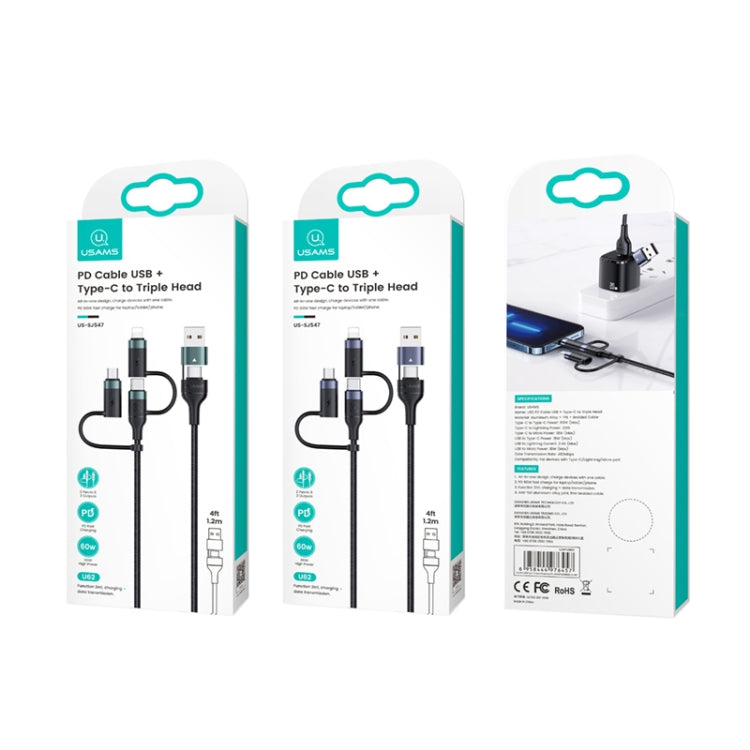 USAMS US-SJ547 U62 USB + Type-C / USB-C toType-C / USB-C + 8 pines + Cable de datos de carga rápida PD de aleación de aluminio micro, Longitud: 1,2 m