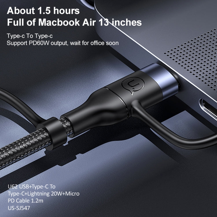 USAMS US-SJ547 U62 USB + Type-C / USB-C toType-C / USB-C + 8 pines + Cable de datos de carga rápida PD de aleación de aluminio micro, Longitud: 1,2 m