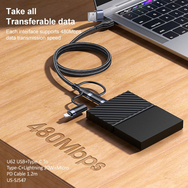 USAMS US-SJ547 U62 USB + Type-C / USB-C toType-C / USB-C + 8 pines + Cable de datos de carga rápida PD de aleación de aluminio micro, Longitud: 1,2 m